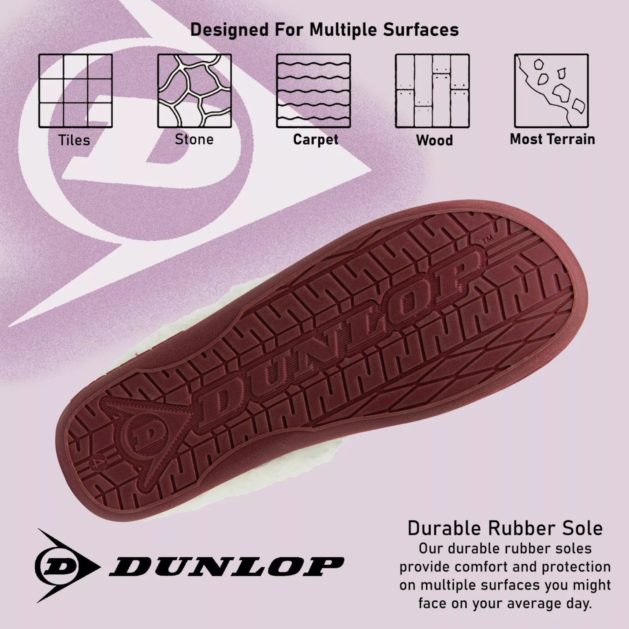 womens memory foam Warm indoor Dunlop ladies slippers with soft lining and non slip sole in burgundy and grey